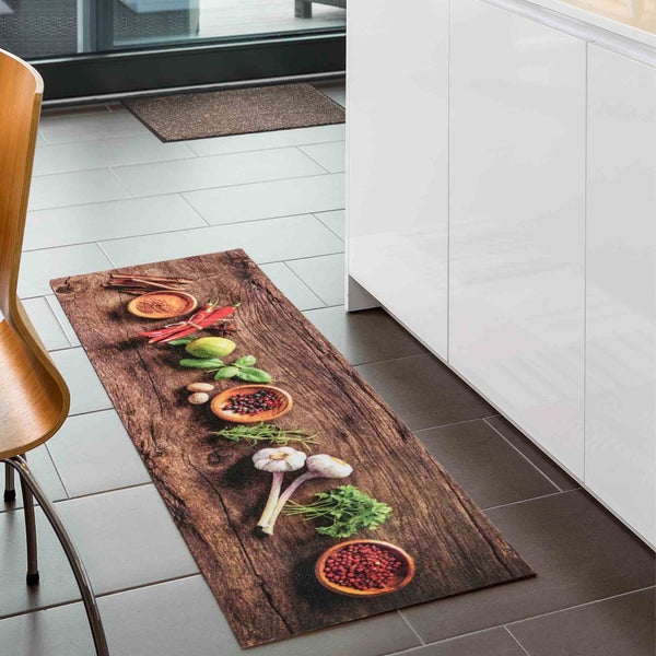 Holzbrett Optik Küchenläufer mit Kräutern und Gewürzen
