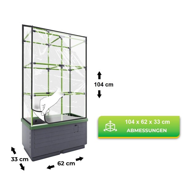 Hochbeet mit transparentem Gewächshausaufsatz, Abmessungen 104 mal 62 mal 33 Zentimeter.