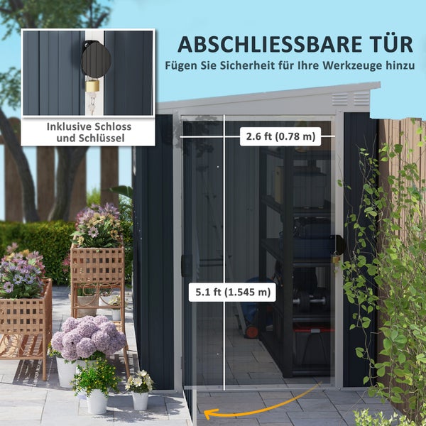Outsunny Metall Gerätehaus 2,7m² 128x231x181cm Geräteschuppen mit Pultdach Fenster Abschließbarer Tür wetterfest Gartenhaus Outdoor Garten Schuppen für Hinterhof Außenbereich Dunkelgrau