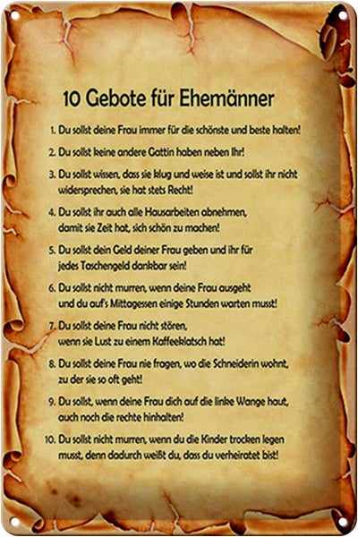 Blechschild Spruch 20x30cm 10 Gebote für Ehemänner