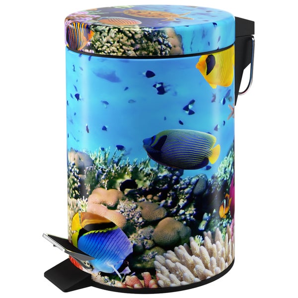 Tretmülleimer aus Metall mit Unterwasser-Motiv, bunten tropischen Fischen und Korallenriff.
