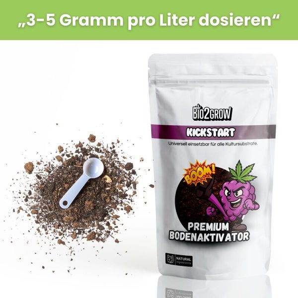 Bio2Grow Kickstart Bodenaktivator mit Dosierlöffel und Anwendungshinweis