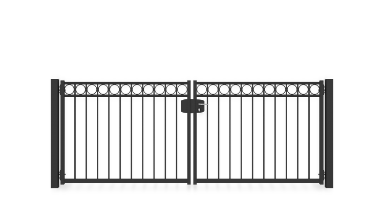 Gartentor ZAUNGURU BASIC-Line Oldenburg Kreis aus Metall, Höhe: 123cm, Breite: 334cm, 2-flügelig inkl. Pfosten, Schloss und Zubehör, Feuerverzinkt und zusätzlich in RAL 7016 Anthrazitgrau pulverbeschichtet