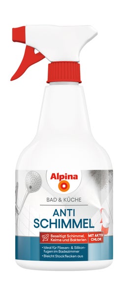 Alpina Anti Schimmel Spray für Bad und Küche, beseitigt Schimmel, Keime und Bakterien mit Aktiv Chlor in der Sprühflasche.
