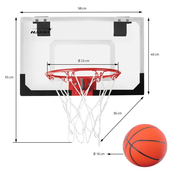 Hauki Mini Basketballkorb fürs Zimmer im Set 3 Bälle Ø16cm, Netz, Pumpe, 58x40 cm, Weiß, tragbar, Backboard Tür/Wandmontage, ohne Bohren, Indoor Basketball Hoop hängend, Hängebrett Basketballbrett