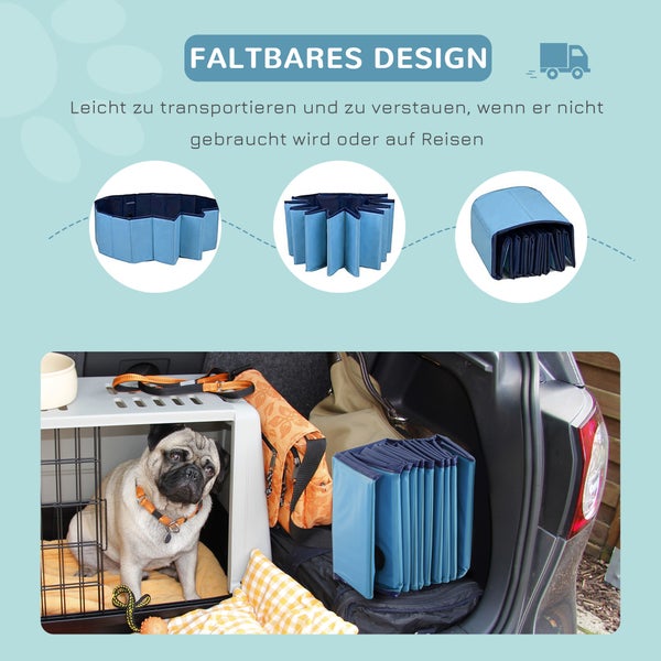 PawHut Hundebadewanne faltbar Badewanne Hundepool Plantschbecken Swimmingpool Wasserbecken für Hunde und Katzen Schwimmbecken Kunststoff+Holz Blau Ø140 x H30 cm