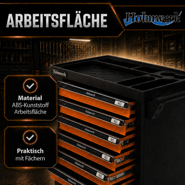 Holmwerk Werkstattwagen mit Arbeitsfläche aus ABS-Kunststoff und praktischen Fächern. Holmwerk Logo.
