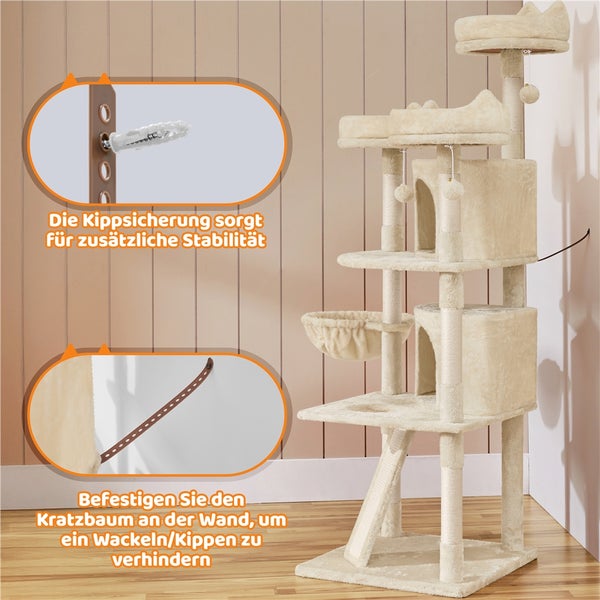 Beige Kratzbaum mit mehreren Ebenen, Katzenhäusern, Liegeflächen und Sisalstämmen zur Krallenpflege. Wandbefestigung für zusätzliche Stabilität.