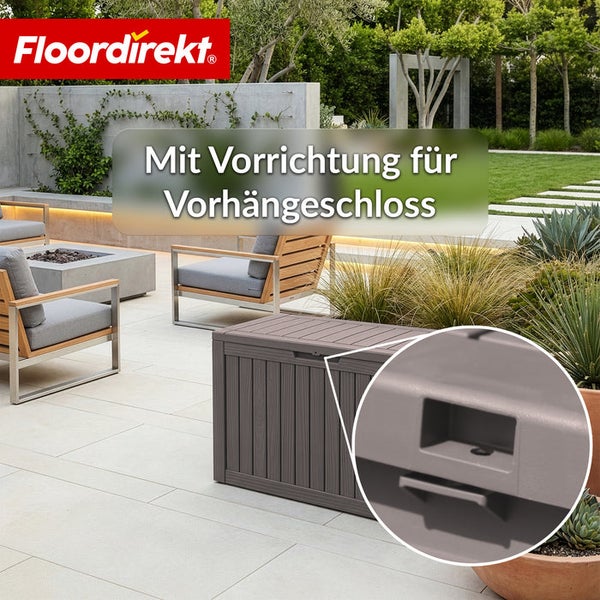 Außenaufnahme einer grauen Aufbewahrungsbox mit Vorrichtung für Vorhängeschloss auf einer Terrasse.