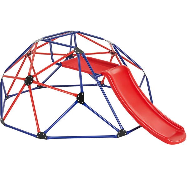 Blaue und rote Kletterkuppel aus Metall mit roter Rutsche und Plattform.