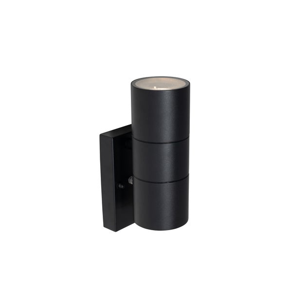 Zylindrische Außenwandleuchte in Schwarz, Lichtaustritt nach oben und unten, moderne Fassadenlampe aus Metall.