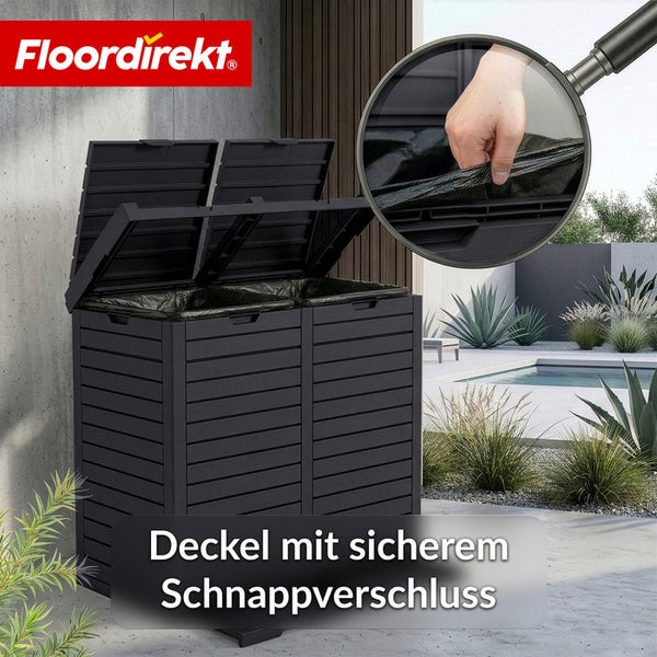 Dunkelgraue Mülltonnenbox mit zwei Fächern und geöffneten Deckeln im Außenbereich, Floor direkt Logo