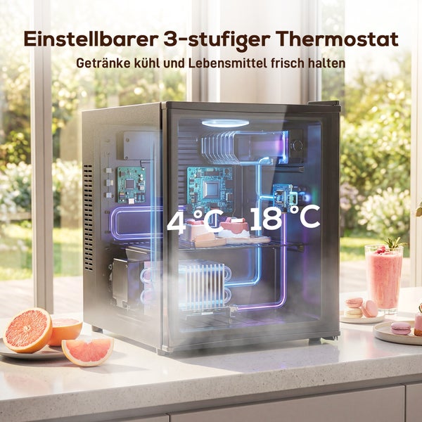 Kompakter Mini-Kühlschrank mit Glasfront, einstellbarem 3-stufigem Thermostat und einem Temperaturbereich von 4 bis 18 Grad Celsius.