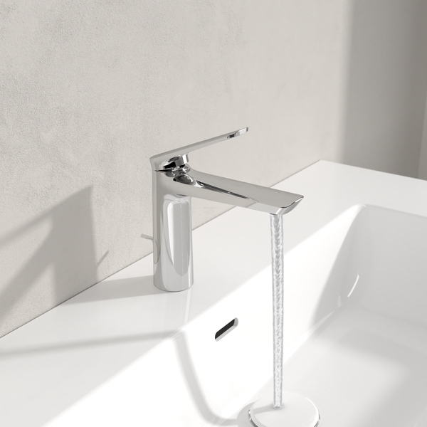Villeroy & Boch Oasis Waschtischarmatur, Wasserhahn Bad mit Zugstange und Keramikkartusche, Waschbeckenarmatur wassersparend, Auslauf Höhe 114mm, rund, Chrom