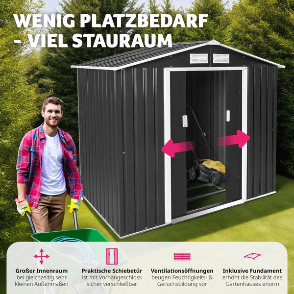 Gartenhaus mit Schiebetür, Belüftungsöffnungen und Fundament zur Aufbewahrung von Gartengeräten