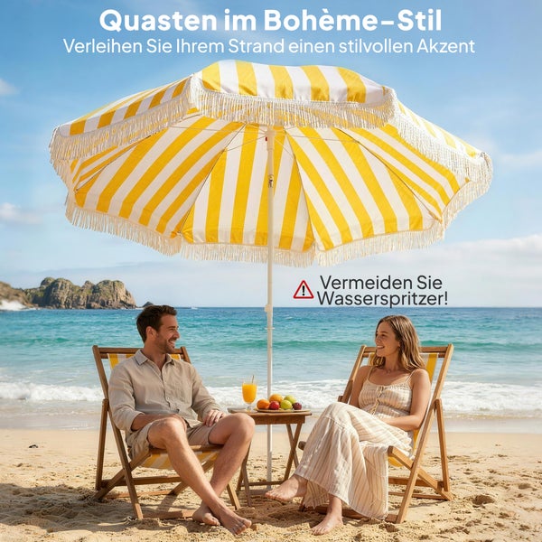 Gestreifter Sonnenschirm mit Fransen am Strand, 30 Grad Neigungsfunktion, höhenverstellbar von 130 bis 200 Zentimeter.