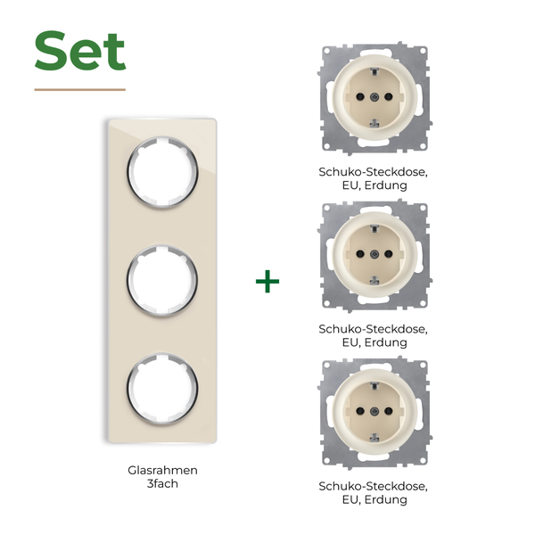 Set bestehend aus dreifachem Glasrahmen und drei Schuko Steckdosen mit Erdung für die Elektroinstallation.