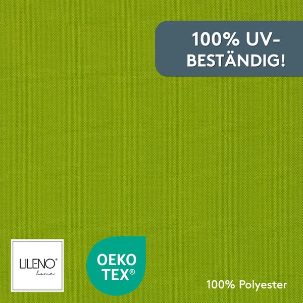 Polyester-Stoff mit Lileno Home Logo, Oeko-Tex Zertifizierung für schadstofffreie Textilien und Hinweis auf einhundert Prozent UV-Beständigkeit.