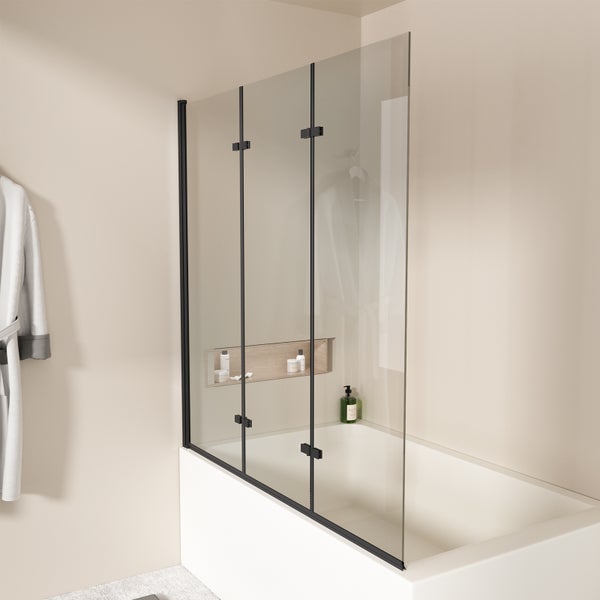 EMKE Badewannenaufsatz 3-teilig 130 x 140 cm Faltbare Duschwand für Badewanne, Mattschwarzer, 6 mm ESG Sicherheitsglas mit NANO-Beschichtung, klappbar, links oder rechts montierbar