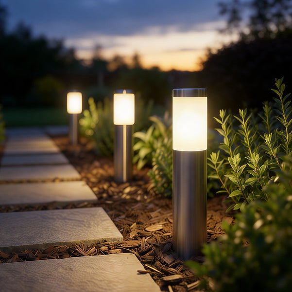 Moderne zylindrische Gartenleuchten aus Edelstahl beleuchten einen Steinpfad in der Dämmerung mit warmem Licht.