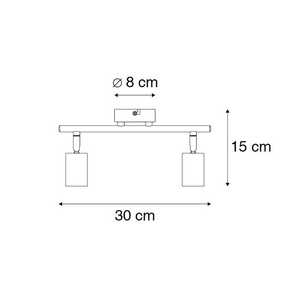 Technische Zeichnung einer Deckenleuchte mit zwei Lampen und Maßangaben