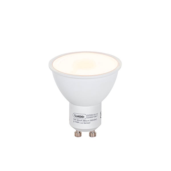 LUEDD LED Leuchtmittel GU10, 5 Watt, 380 Lumen, 2700 Kelvin warmweiß, mit Dämmerungssensor.