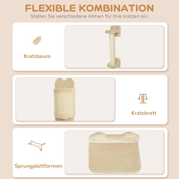 PawHut Katzen Kletterwand Set, 4-teilig Katzenmöbel Kletterwand Katzen mit Sitzplattform, Eckplattform, Spielball und Bogen-Kratzbrett, Katzen-Wandmöbel für Katzen bis 5 kg, Beige
