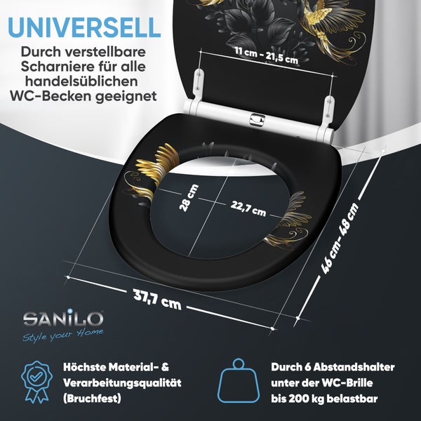 Sanilo WC Sitz mit Motiv und verstellbaren Scharnieren mit Maßangaben für eine universelle Passform und hoher Belastbarkeit bis zu 200 Kilogramm.