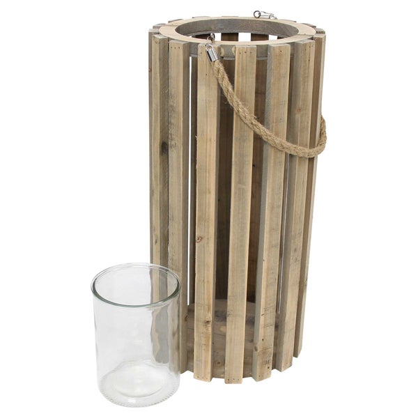 FRANK FLECHTWAREN | Holzlaterne Recycling-Chic, Ø 28 x 58 cm, Glas Ø 15 x 20 cm, HOLZ, GLAS, HANF, METALL