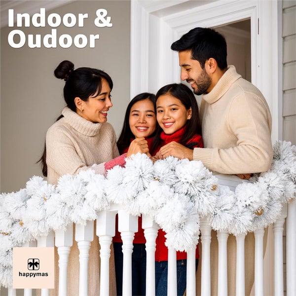 Familie dekoriert einen Balkon mit einer Girlande für den Innen- und Außenbereich.