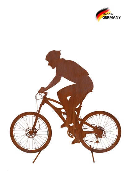 Gartenstecker Mountainbiker aus Edelrost als Gartendekoration, Hergestellt in Deutschland.