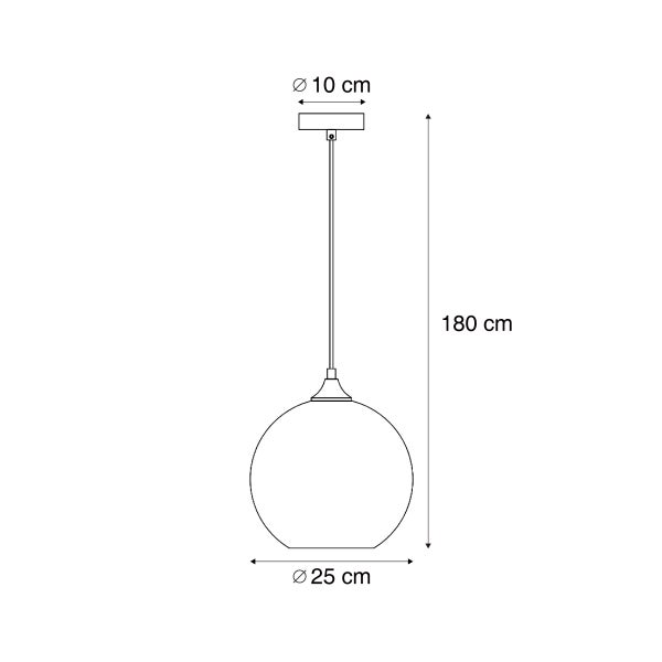 Skizze einer Pendelleuchte mit den Maßen 25 Zentimeter Durchmesser, 180 Zentimeter Höhe und 10 Zentimeter Baldachindurchmesser.