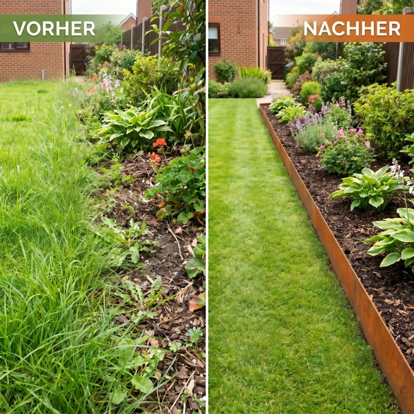 Vorher-Nachher-Vergleich einer Gartenkante mit Metall-Rasenkante zwischen gepflegtem Rasen und Blumenbeet mit Mulch.