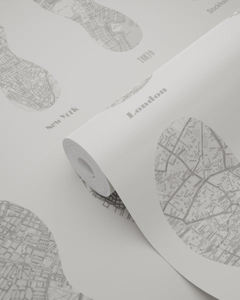 Tapetenrolle mit Stadtplanmotiven von New York, Tokio, Stockholm und London