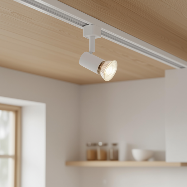 Ein weißer LED Schienenstrahler montiert an einer Schiene an einer Holzdecke, der warmes Licht ausstrahlt.