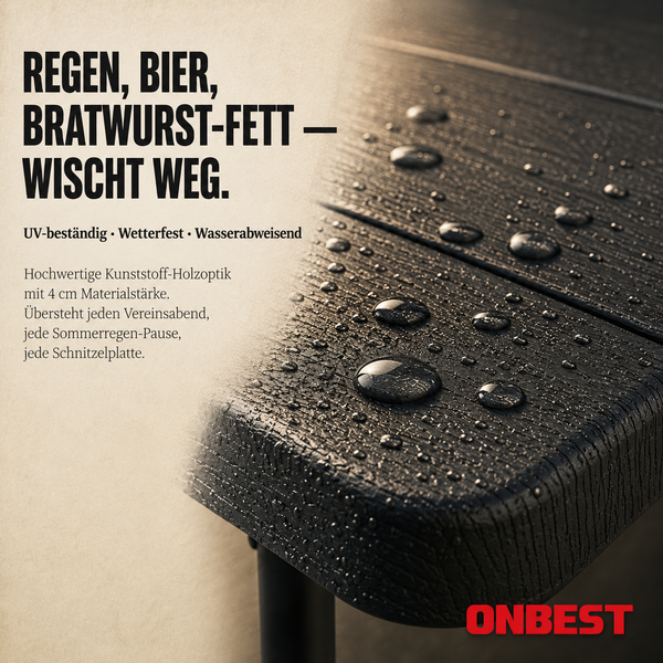 Wasserabweisende Kunststoffoberfläche in dunkler Holzoptik mit Wassertropfen, UV-beständig und wetterfest, ONBEST Logo.