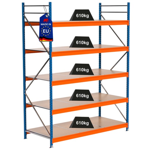 Schwerlastregal mit fünf Regalböden und einer Traglast von 610 kg pro Boden
