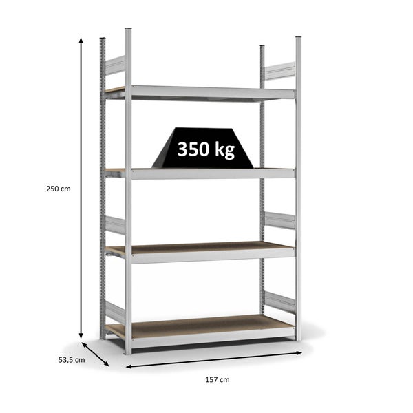 PROREGAL Weitspannregal Stecksystem T-Profil Grundregal HxBxT 250x150x50 cm 4 Ebenen Spanplatten Fachboden Fachlast 350 kg Verzinkt