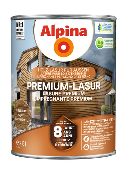 Alpina Premium-Lasur für außen im Farbton Nussbaum, 2,5 Liter Gebinde, bis zu 8 Jahre Schutz vor Wetter und UV-Strahlen.