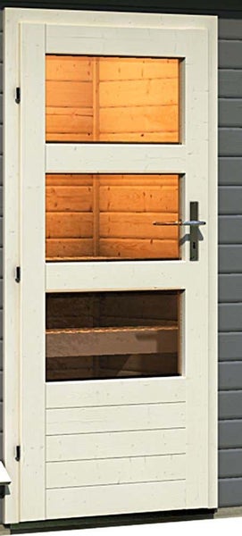 Außenansicht einer Gartensauna mit Terrasse, Badewanne und Sitzgelegenheiten