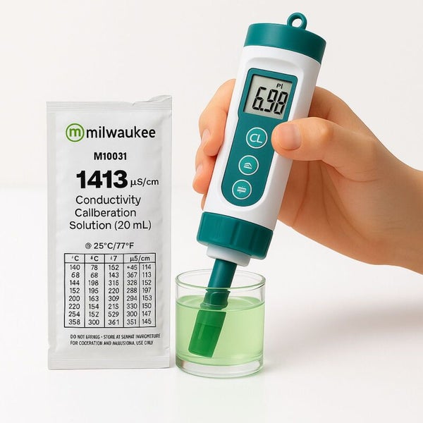Milwaukee Logo, Leitfähigkeitsmessgerät mit Kalibrierlösung und Wertanzeige in einem Glas Flüssigkeit