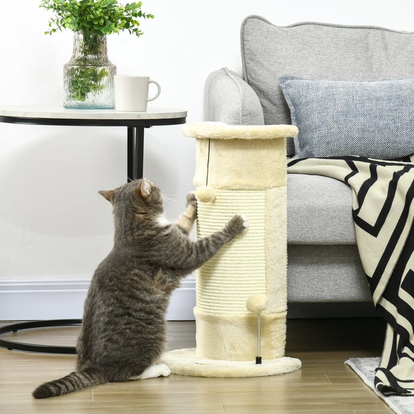 PawHut Ecke Kratzstamm, 58cm Kratzsäule aus Sisal, Kratzbaum für Katzen, kleiner Katzenkratzbaum mit Kratzball, Katzenmöbel für Indoor, Cremeweiß