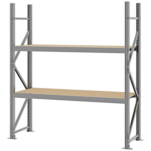 Schwerlastregal aus Metall mit zwei Holzböden für Werkstatt und Garage.