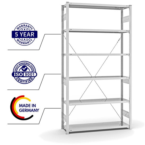 PROREGAL Fachbodenregal Stecksystem T-Profil Heavy-Duty Grundregal HxBxT 250 x 130 x 40 cm 6 Ebenen Fachlast 315 kg Einseitig Nutzbar Lichtgrau