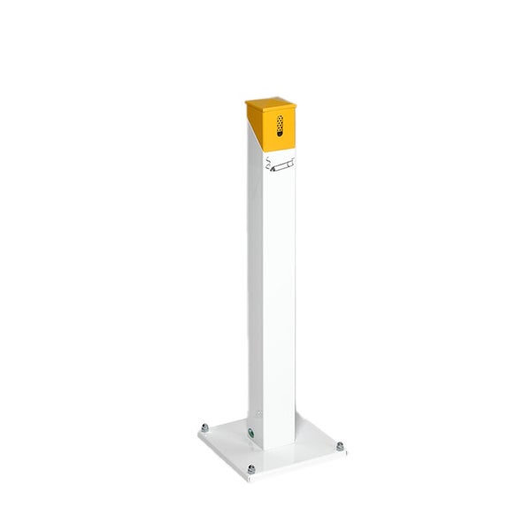 Quadratischer Standascher aus Metall mit Bodenplatte, weißer Säule und gelbem Aufsatz sowie Zigarettensymbol.