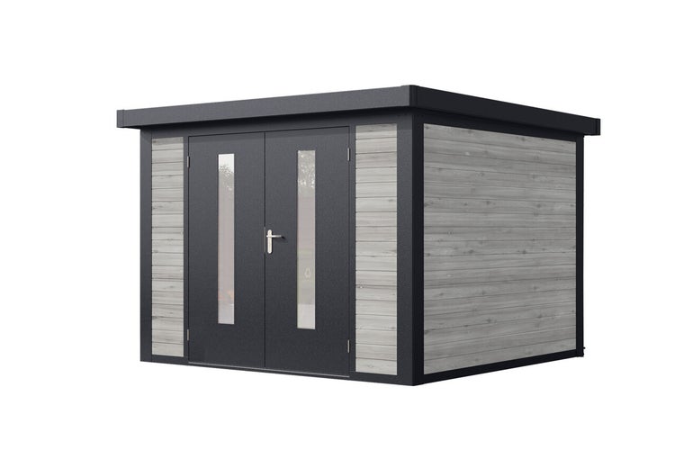Modernes Gartenhaus mit Flachdach und Doppeltür mit Glaseinsätzen, gefertigt aus Holz und Metall, für die Gartengestaltung.