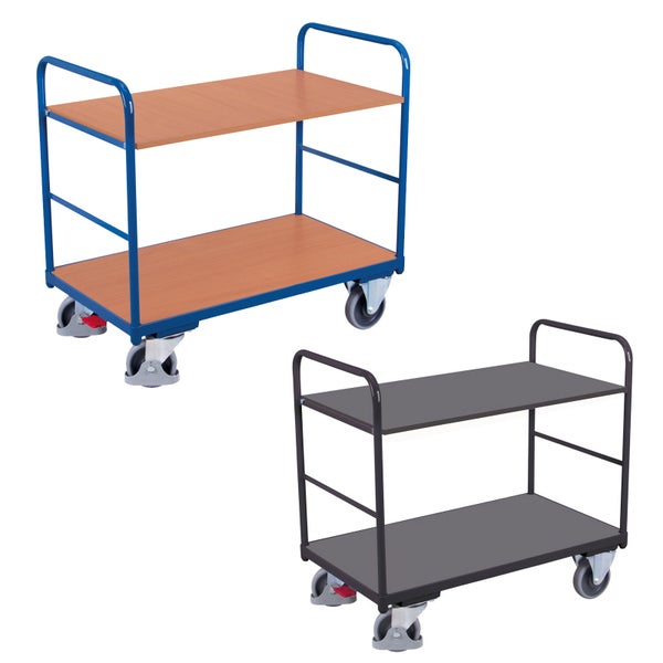 Etagenwagen mit zwei Ebenen, stabilem Metallrahmen und Holzwerkstoffplatten auf Lenkrollen.