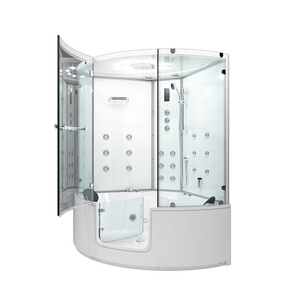 Moderne Dampfduschkabine mit integrierter Whirlpool-Badewanne, Glaswänden, Massagedüsen, Kopfbrause und Handbrause.