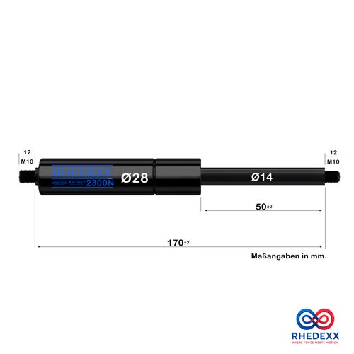 RHEDEXX Gasdruckfeder 2300 Newton: Durchmesser 28 und 14 Millimeter, Hub 50 Millimeter, Gesamtlänge 170 Millimeter.