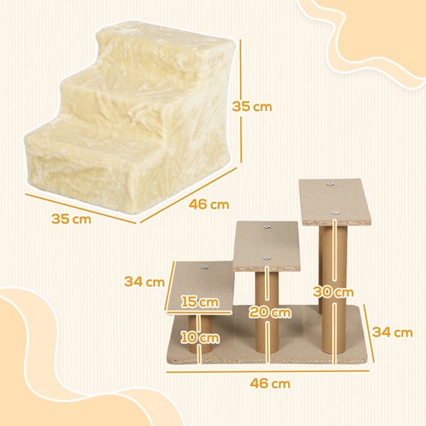 PawHut Hundetreppe 3 Stufen 35 cm Hoch Haustiertreppe für kleine Hunde oder Katzen, Katzentreppe Hunderampe mit Waschbar Plüschbezug für Bett, Sofa, Couch, Beige